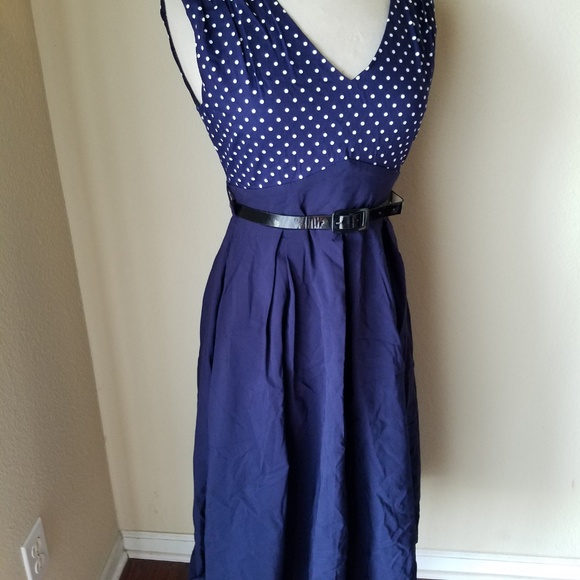 Sapphyra Navy Blue Polka Dot Retro Flare Dress - Picture 5 of 8